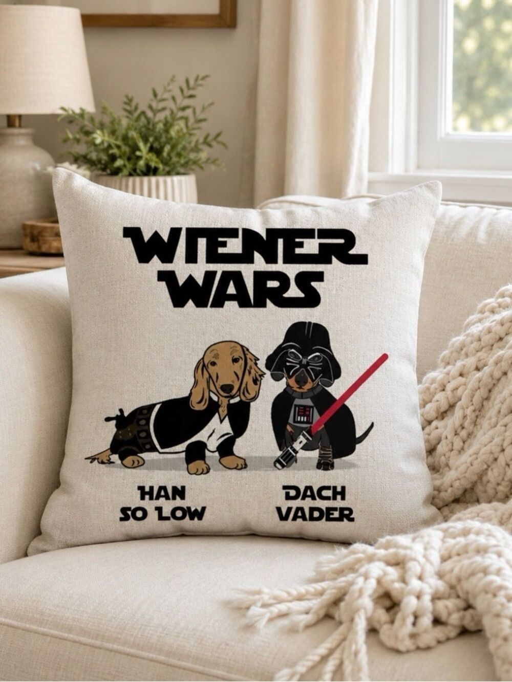 Dachshund Wiener Wars Linen Throw Pillow Cover 16x16 Hidden Zipper Dog Decor